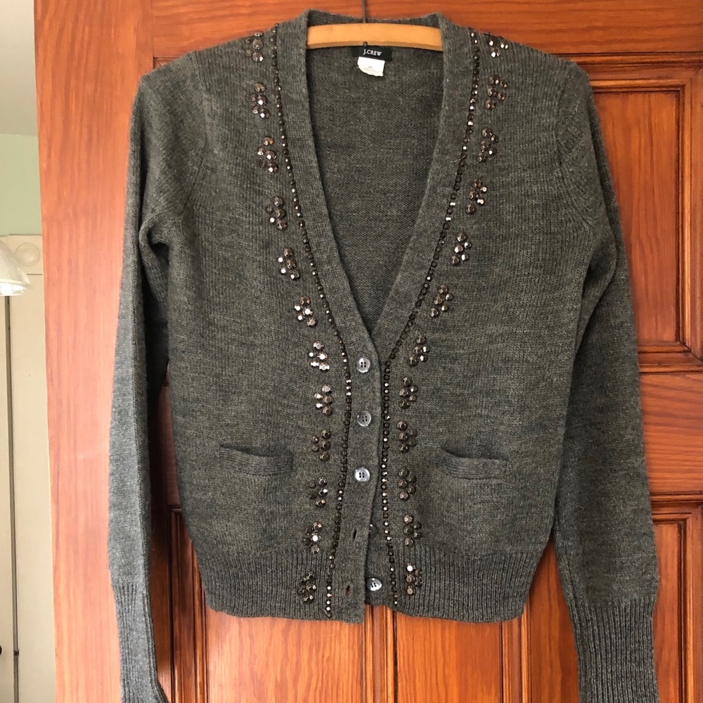J Crew Jeweled V Neck Wool Cardigan